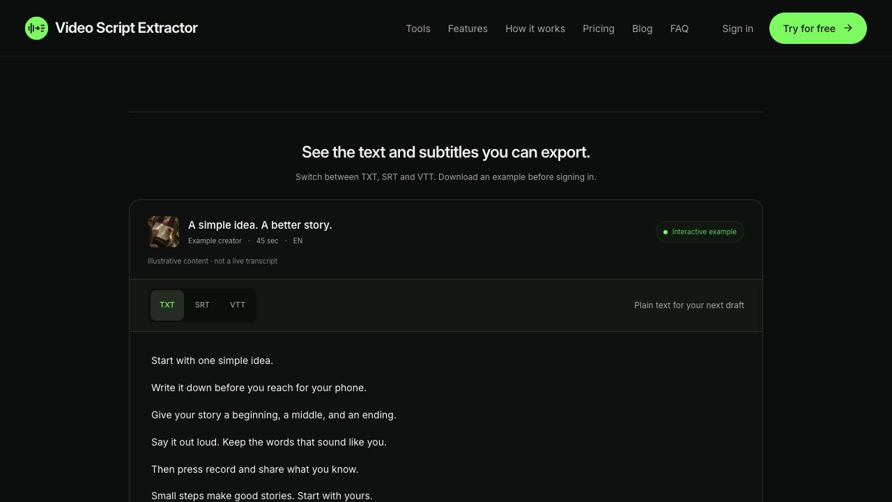 Video Script Extractor example panel showing the TXT, SRT and VTT tabs and sample text.