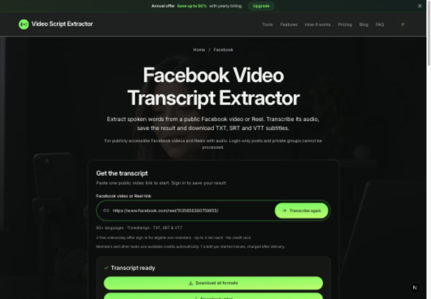Facebook transcript tool showing a public Reel URL and a completed audio transcript with subtitle downloads.