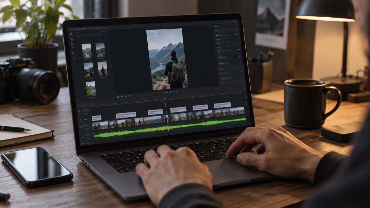 A video editor aligns subtitle blocks with an audio waveform on a laptop.