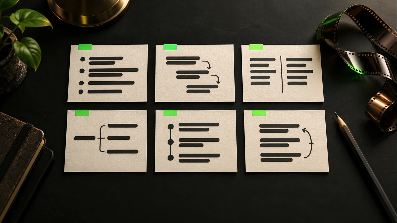 Six ivory storyboard cards with different script layouts and green accent tabs on a dark desk