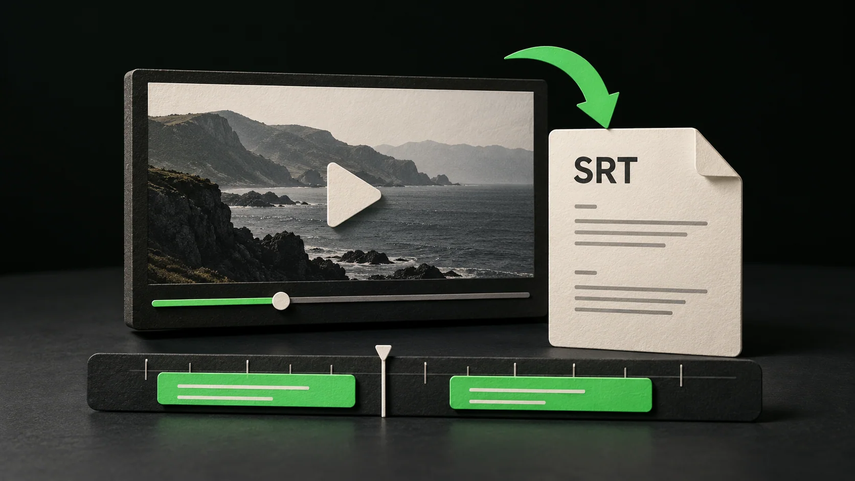 Illustration of a video player, an SRT document and two subtitle cues on a timeline