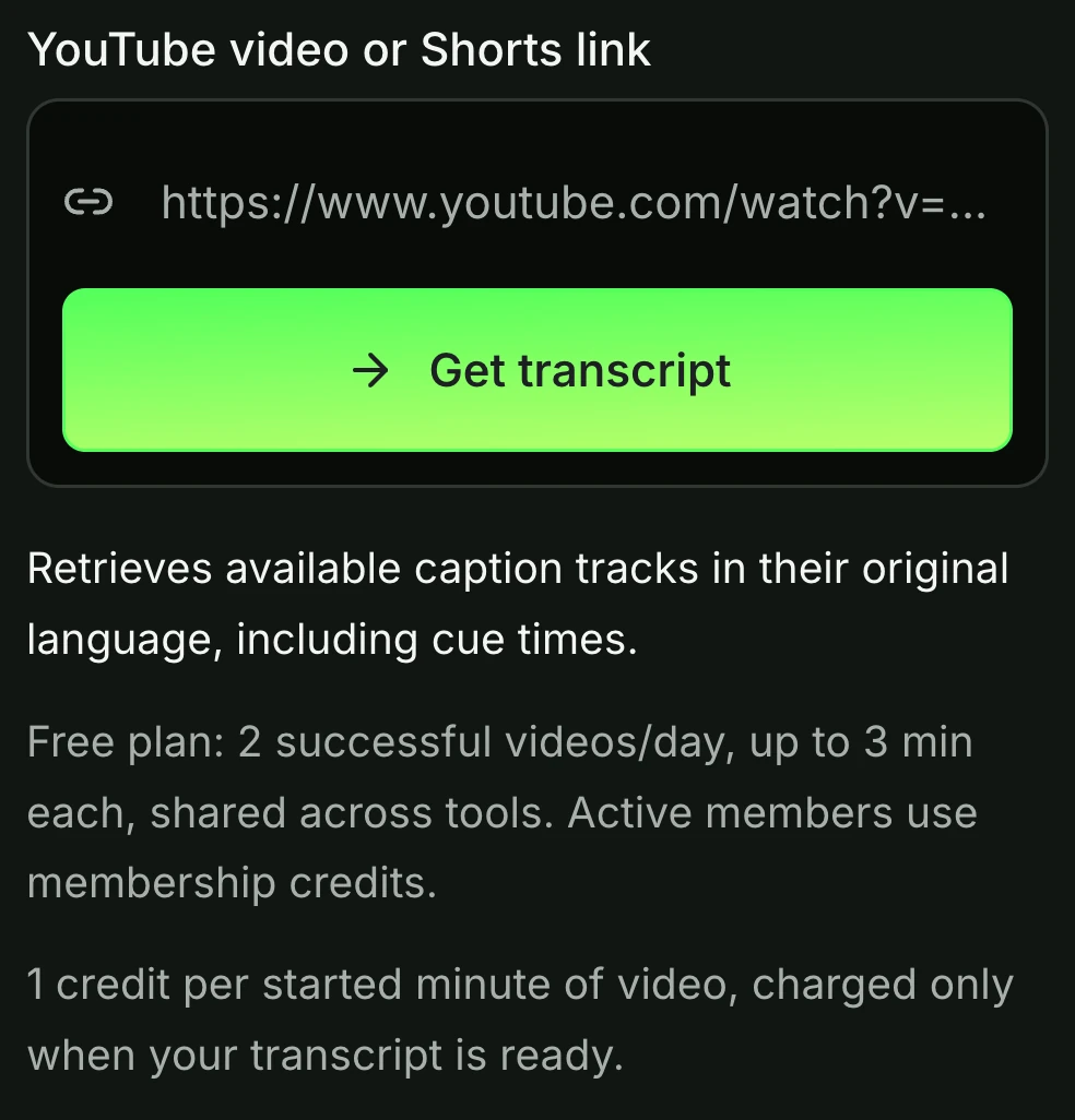 URL field and submission controls on the YouTube transcript page